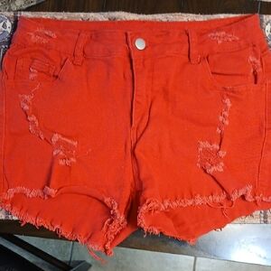 🧡Shein Women's Red Distressed Denim Shorts